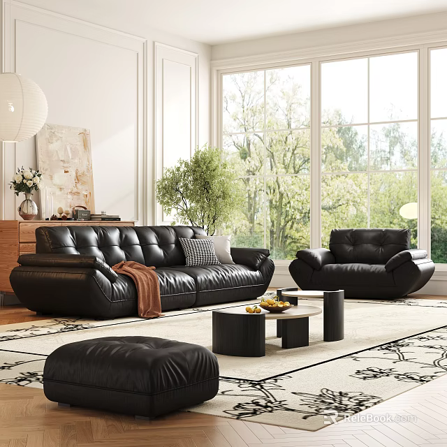 Luxury Black Leather Sofa Set In Bright Living Room With Ottoman 3d model 