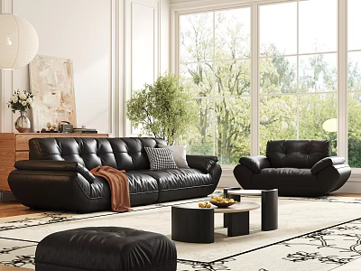 Luxury Black Leather Sofa Set In Bright Living Room With Ottoman 3d model