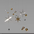 Multiple Hanging Shiny Star Ornaments With Gold And Silver Balls On Dark Background