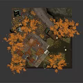 Whimsical Cartoon Scene Featuring Small Houses Surrounded by Orange Leaved Trees and Small Boat