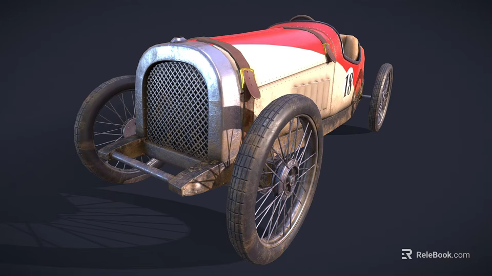 Vintage Race Car With Red And White Body Metal Grille And Leather Straps 3d model 