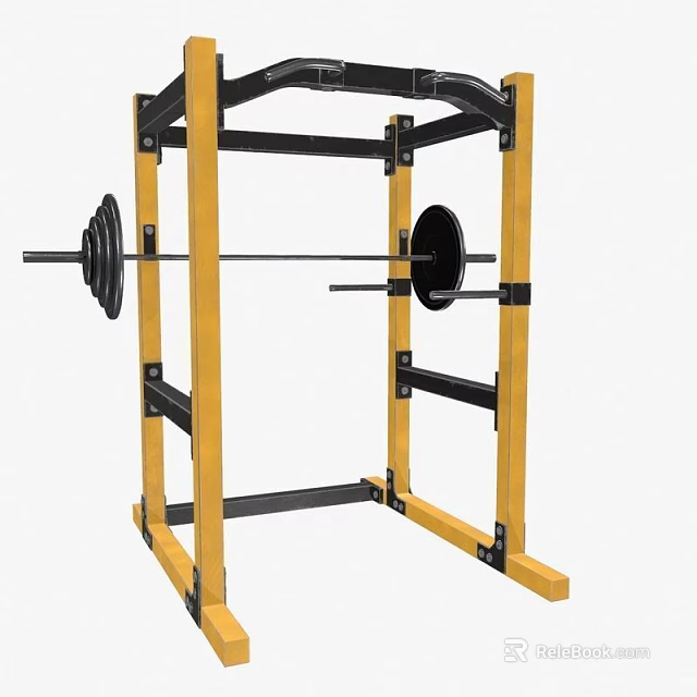 Yellow And Black Power Rack With Barbell And Weight Plates For Strength Training 3d model 