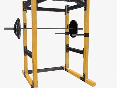 Yellow And Black Power Rack With Barbell And Weight Plates For Strength Training 3d model