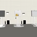 Three Toilets With Light Tiled Wall Yellow Floral Pattern Middle Tank And Small Trash Bins