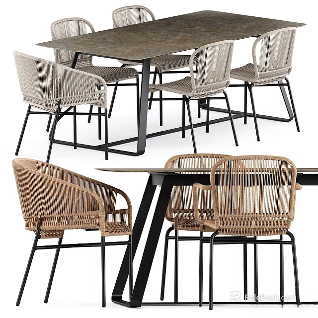 Modern Rattan Table and Chair Dining Set with Woven Seats and Metal Frame Design 3d model 