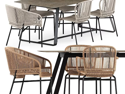 Modern Rattan Table and Chair Dining Set with Woven Seats and Metal Frame Design 3d model