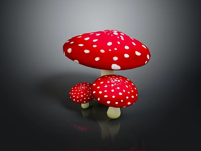 Three Vibrant Red Mushrooms With White Spots In Various Sizes On Dark Background 3d model