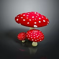 Three Vibrant Red Mushrooms With White Spots In Various Sizes On Dark Background