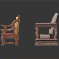 Vintage Wooden Table And Chair Set With Carved Details And Colored Cushions