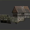 Rustic Wooden House With Red Roof Windows And Stone Base Covered In Green Moss