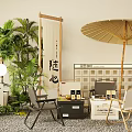 Natural Outdoor Leisure Space Table And Chair Set With Umbrella Green Plants And Wooden Crates