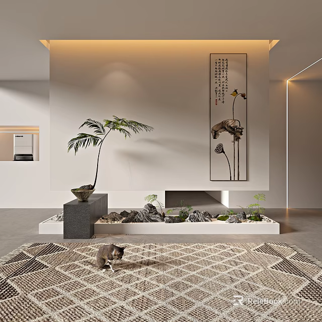 Indoor Garden Feature With Stones Small Plants Palm And Lotus Painting 3d model 