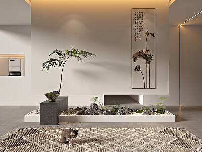 Indoor Garden Feature With Stones Small Plants Palm And Lotus Painting 3d model