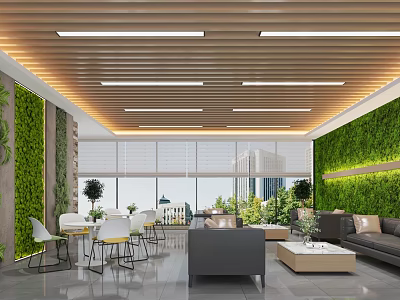 Hotel Public Lounge Featuring Green Living Walls Modern Furniture Large Windows and City View 3d model