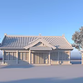 Ancient Chinese Architecture With Traditional Roof Wooden Structure And Open Square Surrounded By Trees