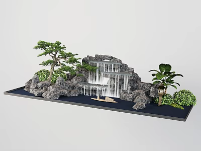 Traditional Rockery Waterfall Landscape With Pine Tree Green Plants And Flowing Water 3d model