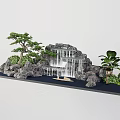 Traditional Rockery Waterfall Landscape With Pine Tree Green Plants And Flowing Water