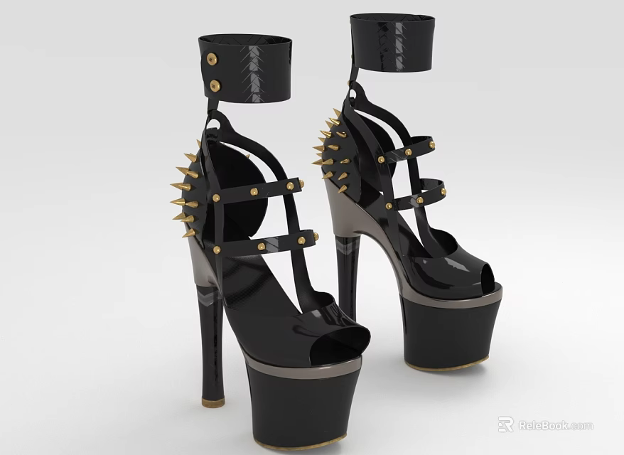 Stylish Black High Heel Platform Shoes Featuring Strappy Ankle Straps And Spikes 3d model 