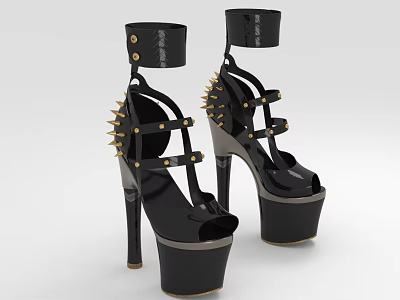 Stylish Black High Heel Platform Shoes Featuring Strappy Ankle Straps And Spikes 3d model