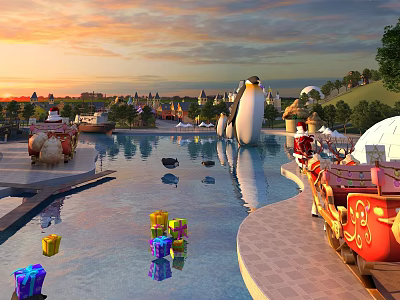 Amusement Park Sunset Scene With Pool Penguin Shaped Structures Gift Boxes Carriage And Castle Background 3d model