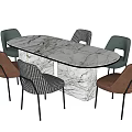 Elegant Dining Table Set With White Marble Tabletop And Checkered Colored Upholstered Chairs 3d model