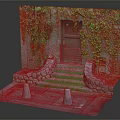 Entrance Gate Surrounded by Green Vines with Stone Steps Stone Walls and Red Ground