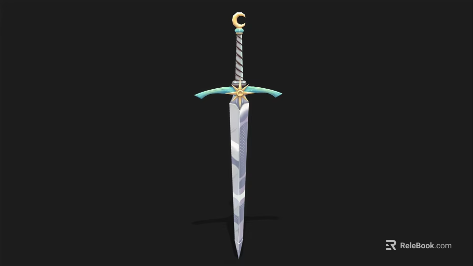 Decorative Sword with Gold Crescent Hilt Turquoise Crossguard and Engraved Silver Blade 3d model 