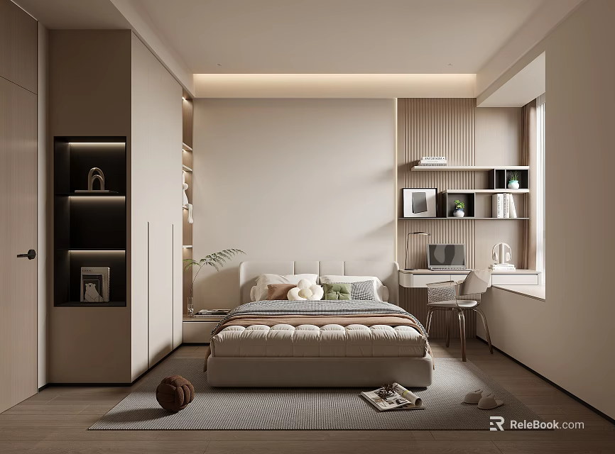 Modern Minimalist Bedroom Interior Design With Bed Built in Wardrobe Shelves And Potted Plant 3d model 