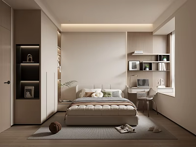 Modern Minimalist Bedroom Interior Design With Bed Built in Wardrobe Shelves And Potted Plant 3d model