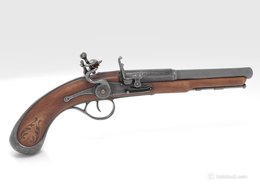 Antique Pistol Historical Weapon Featuring Wooden Grip And Intricate Metal Design 3d model 