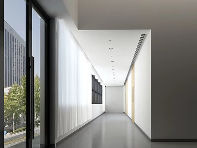 Modern Minimalist Elevator Hallway Interior With Ceiling Lights White Walls And Gray Flooring 3d model