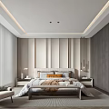 Modern Bedroom Interior Design With Upholstered Bed Nightstands Table Lamps And Wooden Wall Panels