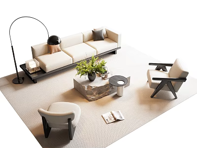Modern Minimalist Sofa And Coffee Table Set With Armchairs Floor Lamp And Potted Plant 3d model