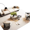 Modern Minimalist Sofa And Coffee Table Set With Armchairs Floor Lamp And Potted Plant