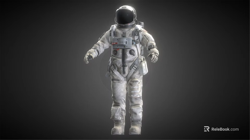 Man In Detailed White Astronaut Suit Standing Against Dark Background 3d model 