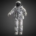 Man In Detailed White Astronaut Suit Standing Against Dark Background