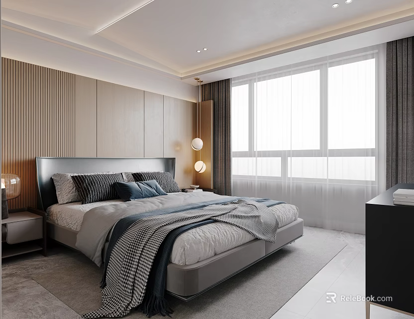 Modern Bedroom Interior Design Featuring Wooden Wall Paneling Bedside Lamp And Curtains 3d model 