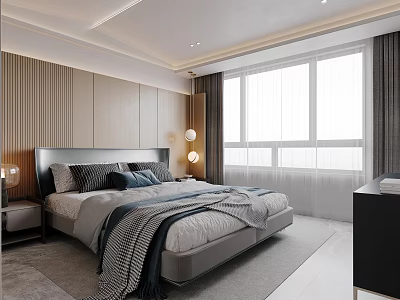 Modern Bedroom Interior Design Featuring Wooden Wall Paneling Bedside Lamp And Curtains 3d model