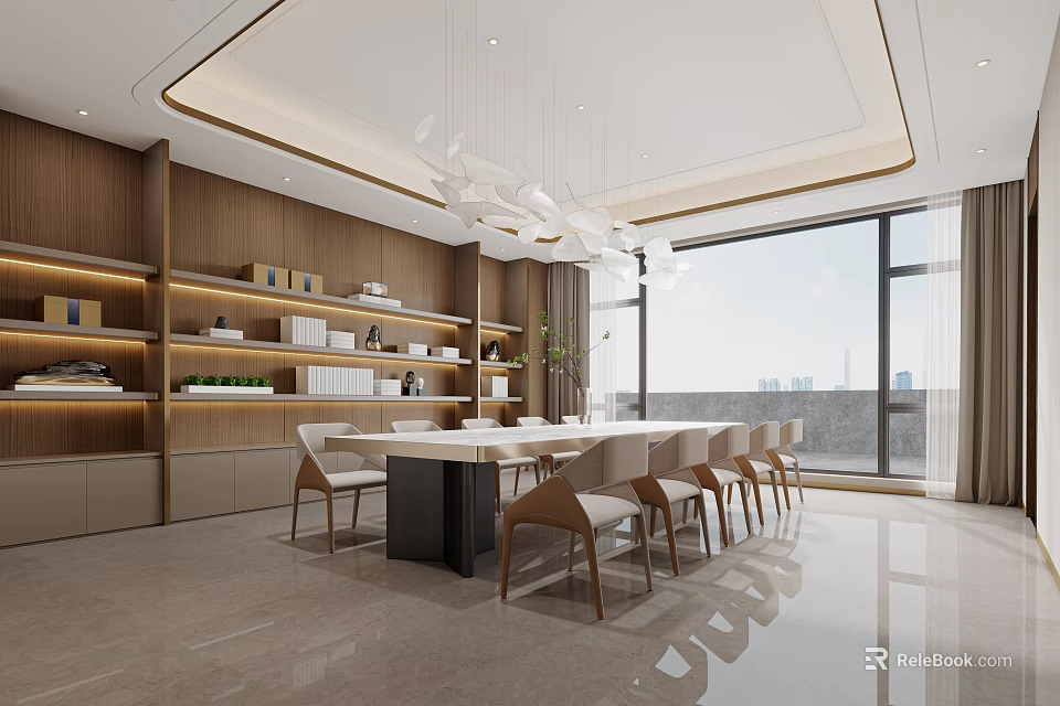 Modern Private Room With Dining Table Bookshelves And Large Windows 3d model