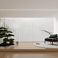 White Vertical Blinds In Modern Interior With Wooden Walls Pine Tree And Armchair