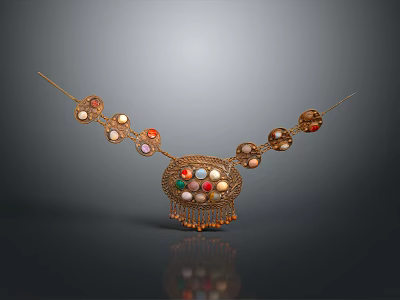 Elegant Golden Statement Necklace With Colorful Gemstones Round Decorations And Tassel 3d model