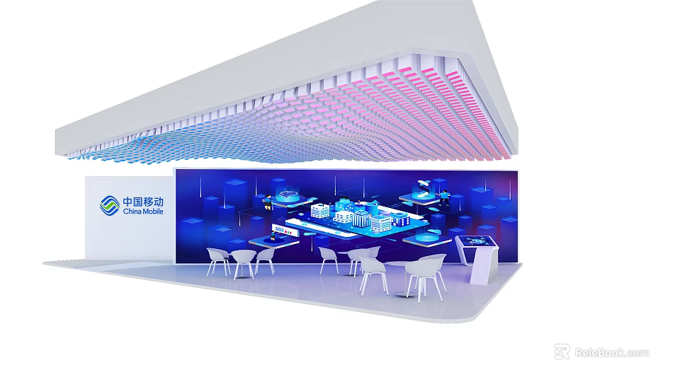 China Telecom Exhibition Booth Featuring Colorful Ceiling Lights Blue Backdrop Display Counters And White Chairs 3d model 