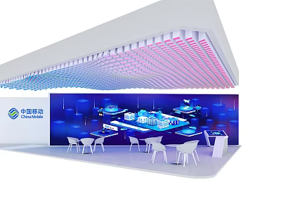 China Telecom Exhibition Booth Featuring Colorful Ceiling Lights Blue Backdrop Display Counters And White Chairs 3d model