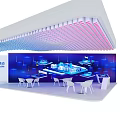 China Telecom Exhibition Booth Featuring Colorful Ceiling Lights Blue Backdrop Display Counters And White Chairs