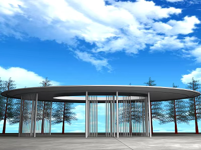 Circular Metal Frame Pergola Surrounded by Trees Under Blue Sky with White Clouds 3d model