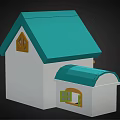 Cartoon Style House With Teal Roof Yellow Door Wooden Balcony And Striped Awning