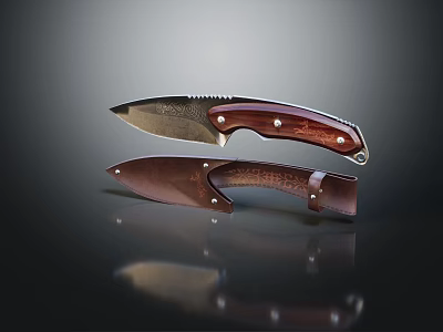 High Quality Folding Knife With Patterned Blade Brown Wooden Handle And Reflective Finish 3d model