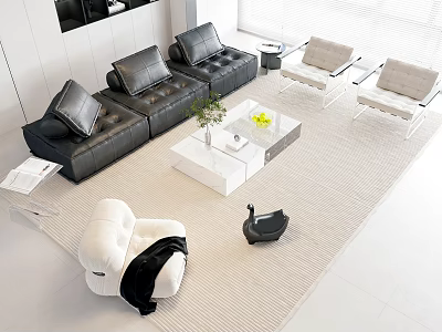 Modern Black Leather Sofa And White Coffee Table Set In Minimalist Living Room With Chairs 3d model