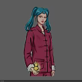 Anime Game Character With Blue Pigtail Hair In Red Chinese Outfit Holding Glowing Yellow Flower