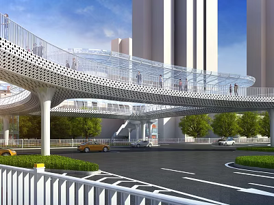 Modern Pedestrian Bridge Design With Tall Buildings Greenery And Cars Under Blue Sky 3d model